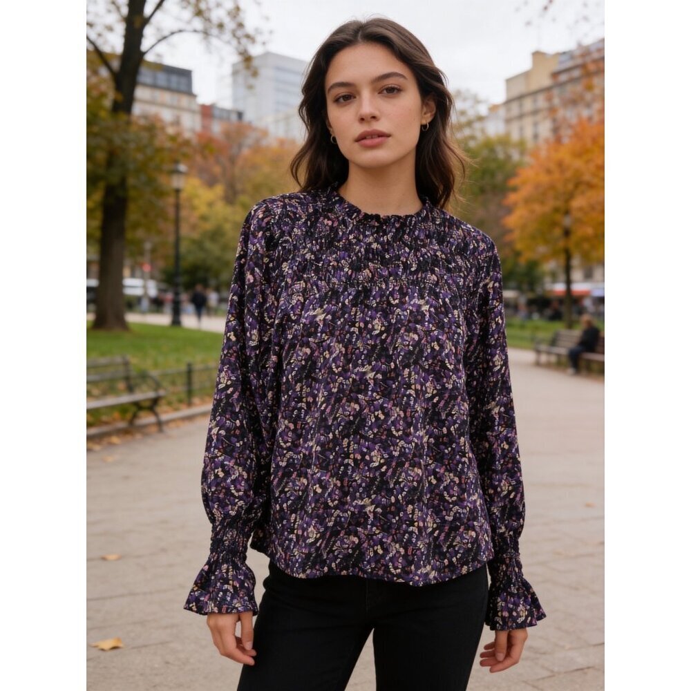 THML Women's Floral Smocked Neck Ruffle Size M Multicolor Long Sleeve Blouse